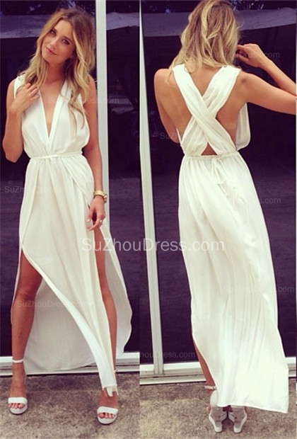 Sexy Prom Dresses  Deep V Neck Sleeveless Chiffon Side Slit Ankle Length Sash White Cross Back Evening Gowns