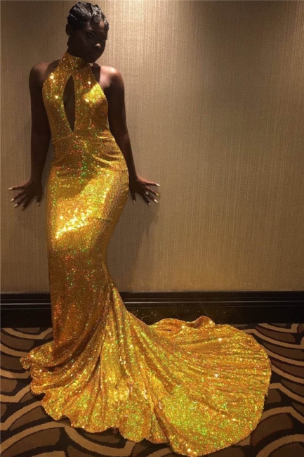 Halter Gold Sequins Sexy Prom Dresses |  Backless Mermaid Evening Gown with Long Train FB0319