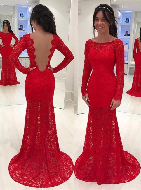Elegant Red Mermaid Lace Prom Dresses  Long Sleeves Scoop Evening Gowns