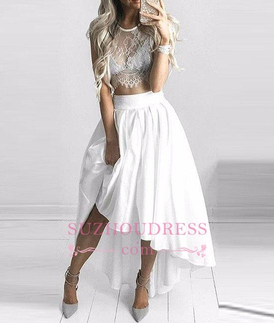 Two Piece White Hi-Lo Formal Dress  Lace Capped Sleeves Sexy Prom Dresses BA6137