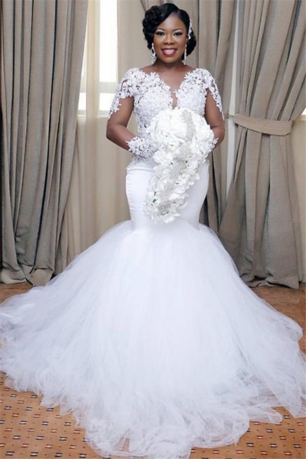 Elegant Mermaid Tulle Lace Wedding Dresses |  Long Sleeves Bridal Gowns