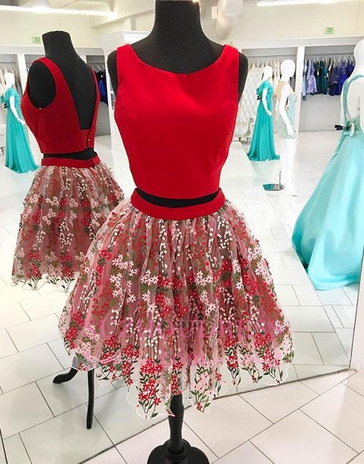 A-line two-pieces Short Tulle Flowers Red Backless Homecoming Dress