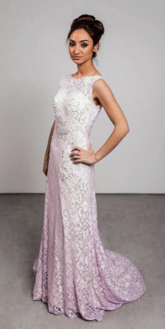 Crystal Pink Lcae Long Evening Dress with Beadings New Arrival Open Back Prom Dress