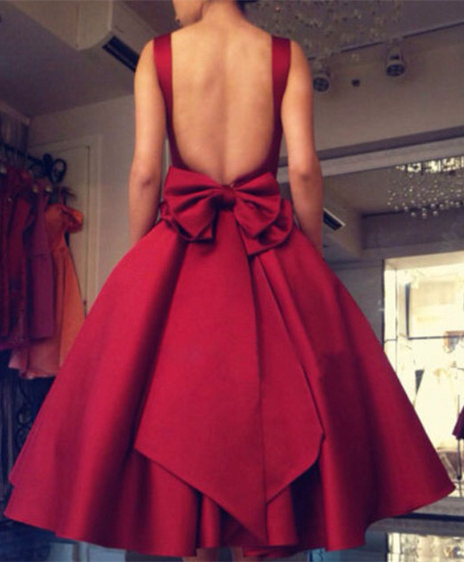 New Arrival Open Back Short Party Dresses A-Line Tea Length Bowknot Homecoming Gowns
