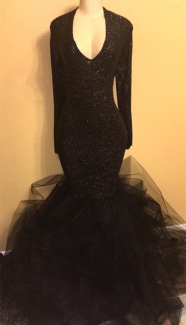 Black Sequins Long Sleeve Prom Dress  | V-neck Ruffles See Through Tulle Evening Gown BA8155
