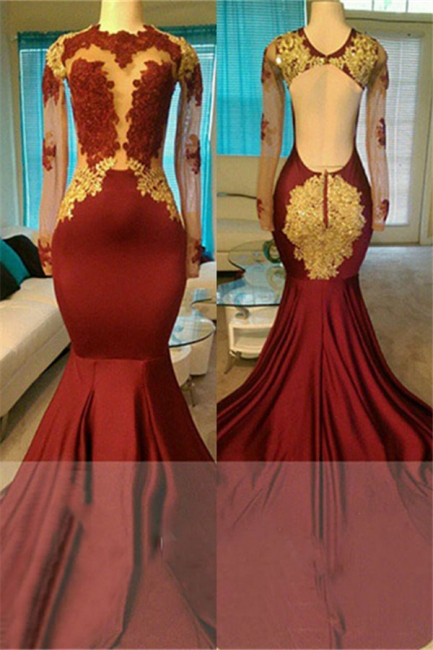 Open Back Gold Lace Burgundy Prom Dress | Mermaid Sheer Tulle Long Evening Gown BA7879