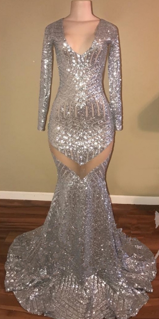 Sexy Sequined Silver Prom Dresses | V-Neck Long Sleeveless  Evening Dresses FB0370