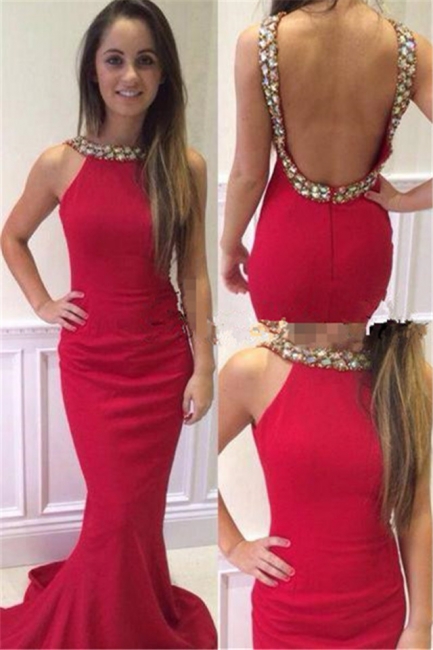 Red Sexy Mermaid Long Evening Dress Crystal Backless Sweep Train Special Occasion Dresses for Women