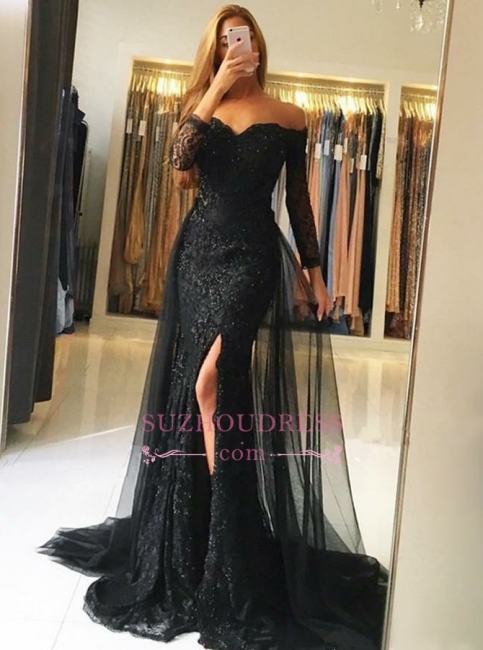 Black Overskirt Side-Slit Evening Gowns | Sexy Off-the-Shoulder Long Sleeves Prom Dresses