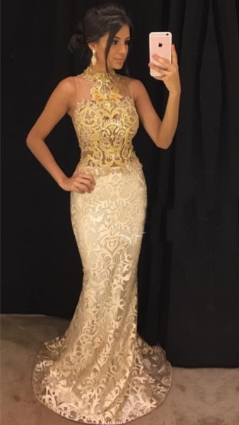 High Neck Sleeveless Champagne and Gold Lace Prom Dress  Sexy Mermaid Evening Gown FB0240-GA0