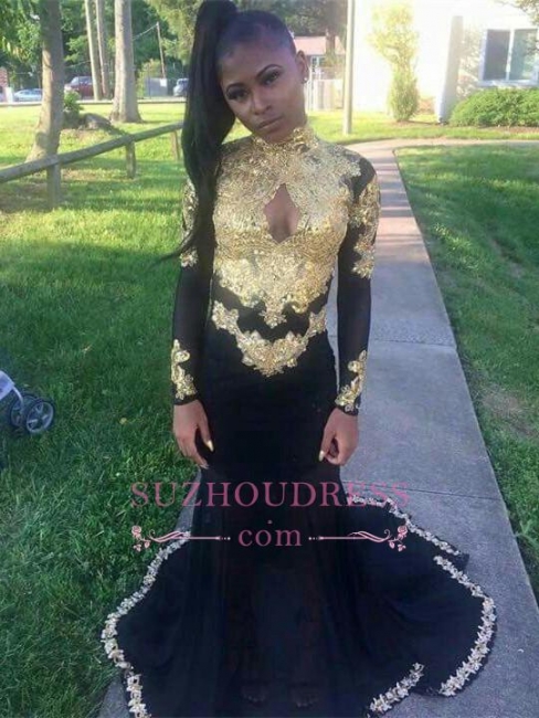 Sexy Gold Appliques Evening Dress Keyhole Black Mermaid Long-Sleeve Prom Dress