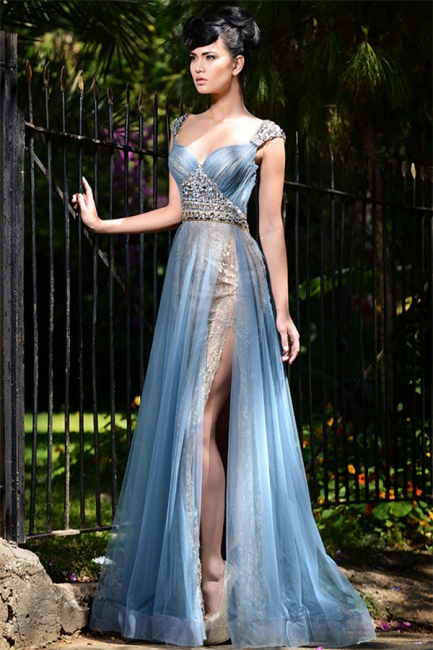 Elegant Blue Straps Long Evening Gowns |  Tulle Crystal Side Slit Evening Dresses