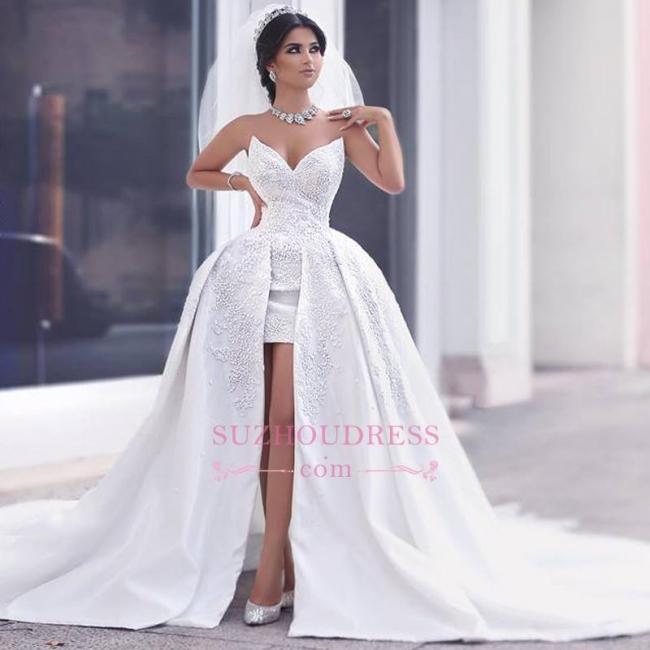 Puffy Gorgeous Strapless Lace Overskirt Appliques Ball Gown Wedding Dress