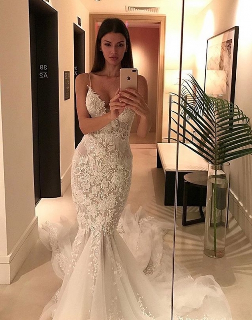 Charming Spaghetti-Strap Mermaid Wedding  Dress Lace Zipper Button Tulle Bridal Gowns