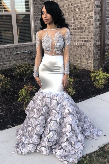 Silver Flowers Sexy See Through Prom Dresses  | Long Sleeve Beads Lace Mermaid Graduation Dress FB0371