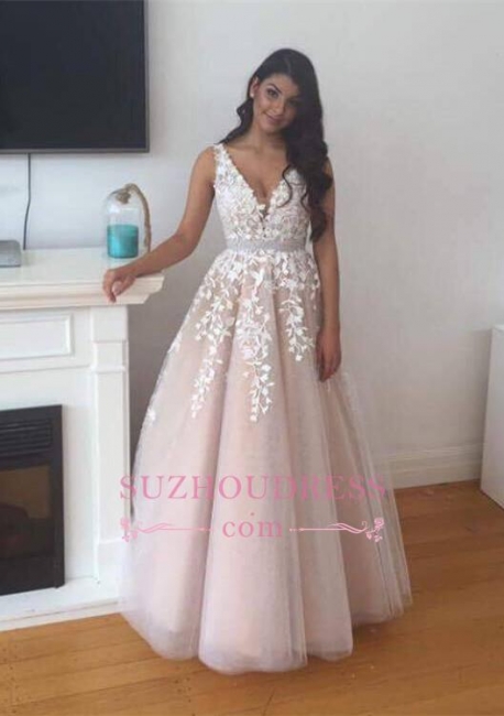 Lace V-Neck Tulle Appliques Evening Gowns  Gorgeous Prom Dress  BA4883