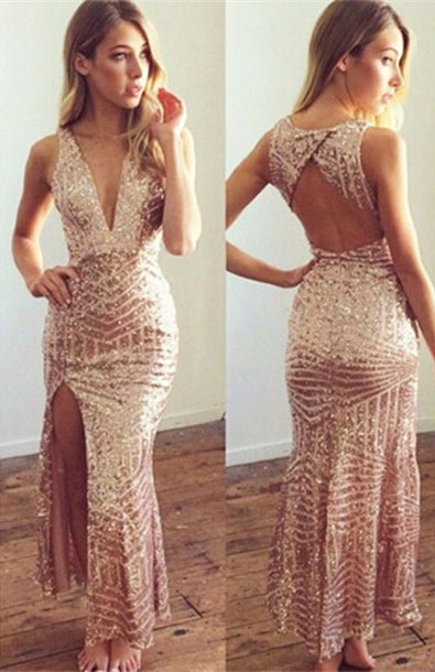Geometric Sequin Long Party Dress V-neck Open Back Evening Gowns with Split BA4282