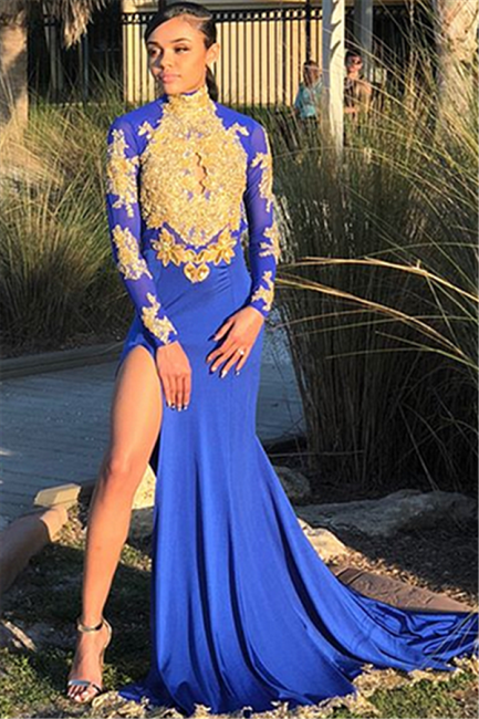 Sexy Split Open Back Gold Lace Prom Dress Online | High Neck Long Sleeve Royal Blue Evening Dress  FB0372