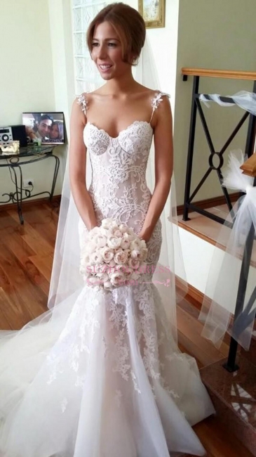 Long Applique Sleeveless Mermaid Spaghetti-Strap Tulle Wedding Dresses