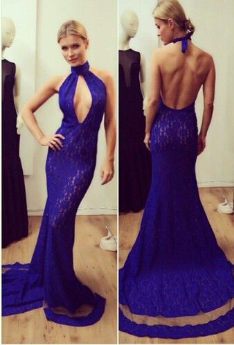 Mermaid Lace Halter Royral Blue Evening Dresses Sexy Backless  Popular Long Dresses for Women