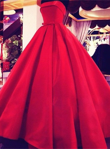 Elegant Red Strapless Ball Gown Prom Dress Simple Bowknot Floor Length Evening Dresses