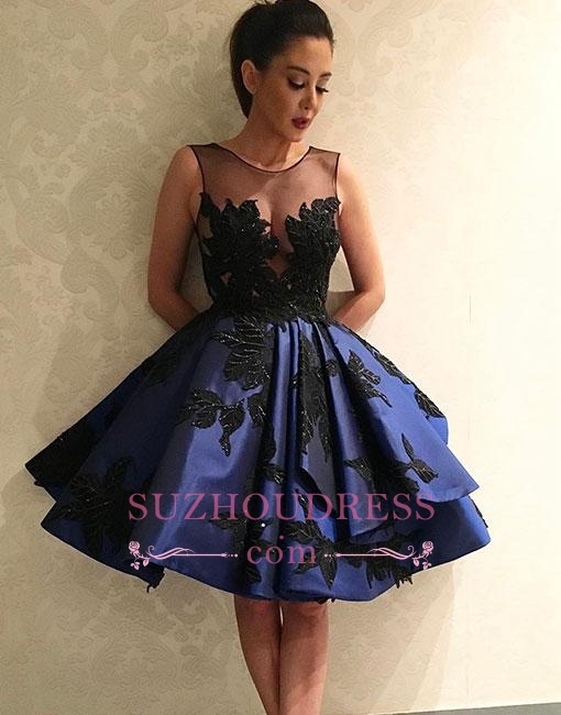 Dark-blue Applique Lace Homecoming Dresses  A-line Knee-length Evening Dress