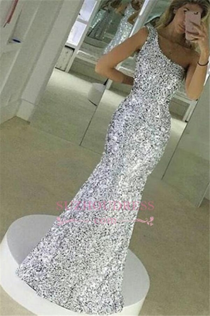 Mermaid Popular One Shoulder Evening Gown Sequined Floor Lenth Simple Prom Dress qq0148