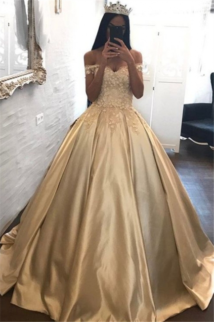 Off The Shoulder Champagne Gold Ball Gown Evening Dress Appliques  Quinceanera Dresses FB0212