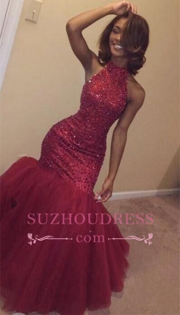 Mermaid Sparkly Beading Halter Sequined Tulle Sexy  Open-Back Sleeveless Prom Dress