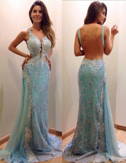Sexy Backless Sky Blue Prom Dresses Backless Sleeveless Lace Mermaid Long Evening Dress