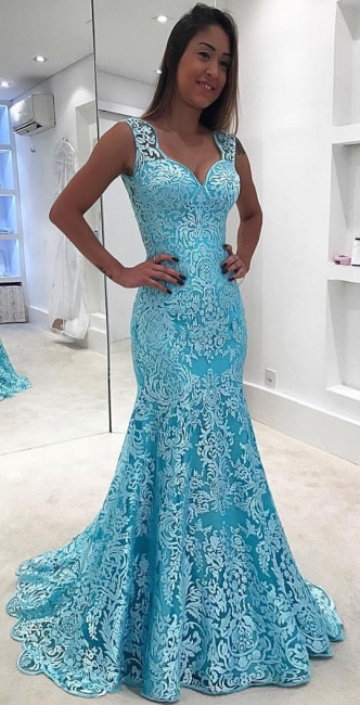 Mermaid Sleeveless Blue Lace Sexy Evening Dresses Open Back  Popular Prom Dress BA9052