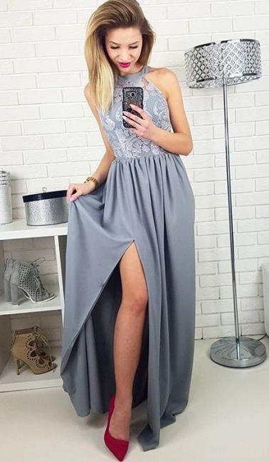 Elegant High Neck A-line Evening Dresses | Lace Side Slit Formal Dresses