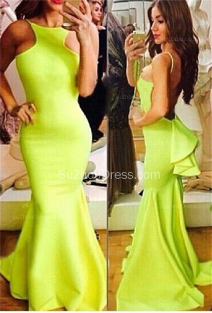 Fluorescent Green Prom Dresses  High Neck Sleeveless Mermaid Sweep Train Ruffles Sexy Backless Charming Evening Gown