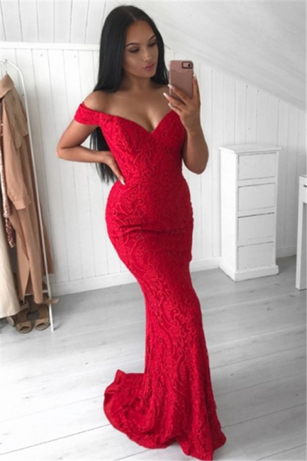Simple Lace Mermaid Evening Dresses  | Off-the-Shoulder Sexy Prom Dresses
