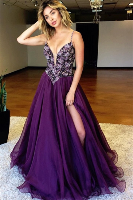 Purple A-line Spaghetti Straps Evening Dresses  Side Slit Crystal Prom Dresses