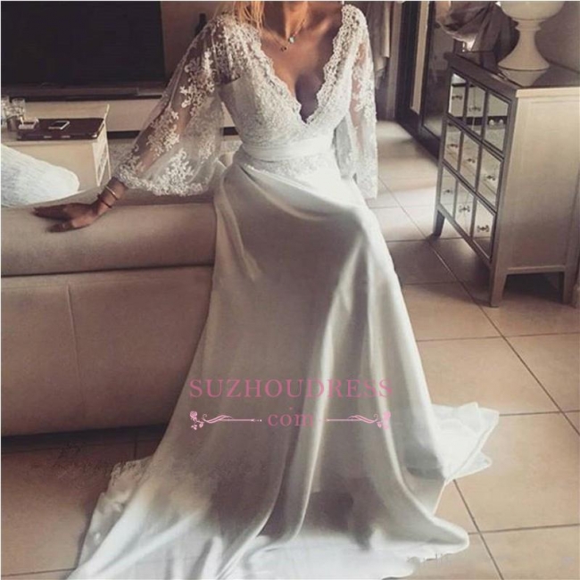 A-Line Elegant Formal Dress  Lace Long V-Neck Chiffon Evening  Dresses