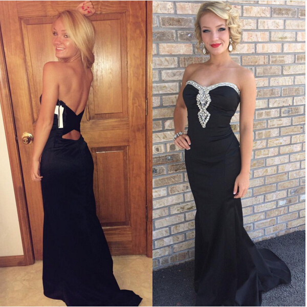 Strapless Black Mermaid Evening Dress Beaded  Prom Dresses with Open Back