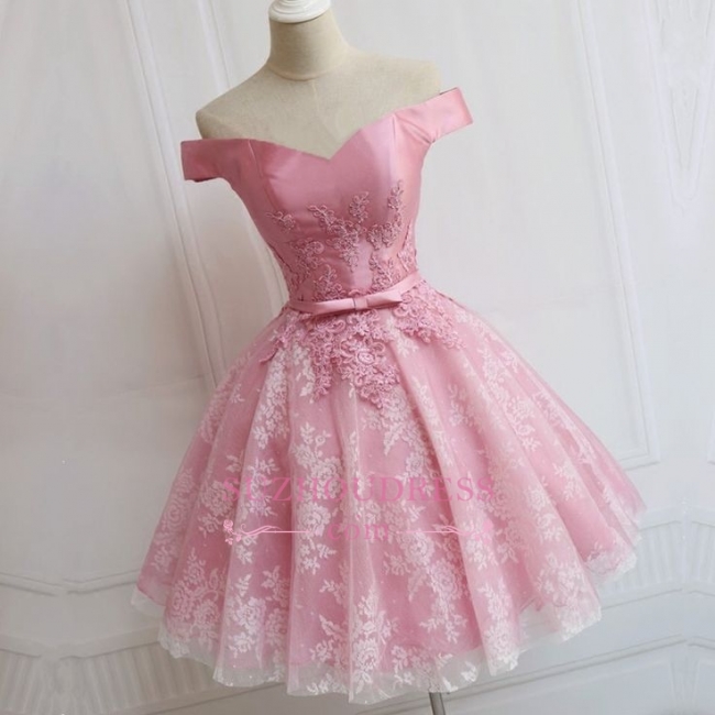 Pink Elegant Bowknot A-line Off-the-Shoulder Appliques Homecoming Dress qq0369