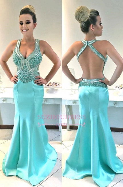 Sexy Sleeveless Crystals Open Back Evening Dresses |  Mermaid Straps Prom Dress