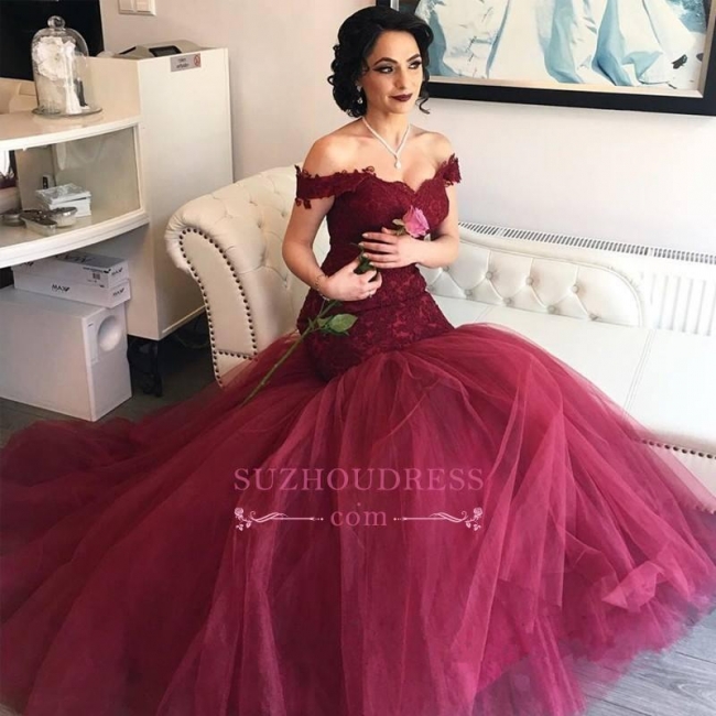 Off The Shoulder Burgundy Lace Evening Gowns Tulle Mermaid  Prom Dresses BA4286