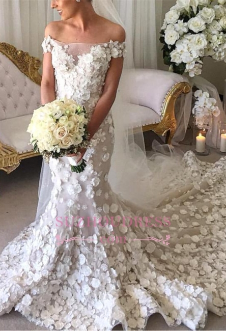 Appliques Mermaid Wedding Dresses | Off-the-Shoulder 3D-Flowers Bridal Gowns