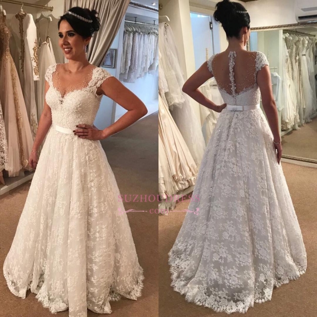 Modern Lace Wedding Dress  | A-line Zipper Cap-Sleeve Bridal Gowns