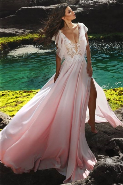 Pink V-Neck Sleeveless Evening Dresses  | Side Slit Chiffon Party Dress