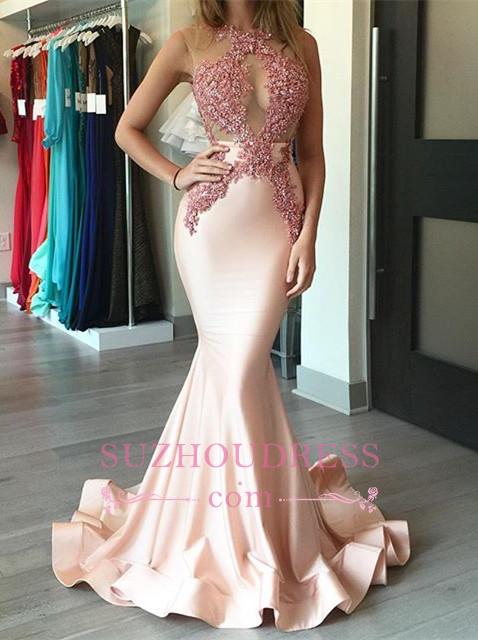 Gorgeous Pink Prom Dresses  Mermaid Appliques Sleeveless Evening Dress BA4068