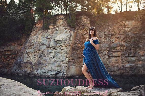 Sweep-Train Sexy A-line Front-Split Maternity Off-the-shoulder Prom Dress