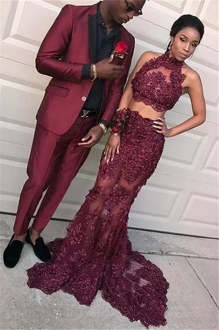 Burgundy Two Pieces Tulle Appliques Prom Dresses  Mermaid Sleeveless Evening Dresses BA8109