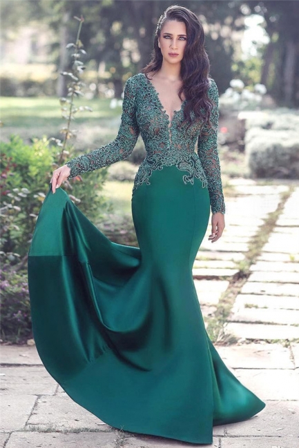 V-neck Long Sleeve Lace Sexy Evening Dress | Mermaid Dark Green Popular Prom Dress