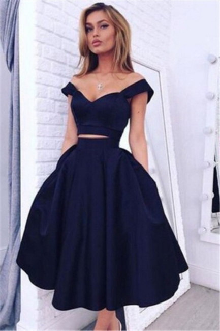A-Line Knee Length Cocktail Dress Two Piece Off the Shoulder Summer Homecoming Dresses BA3609