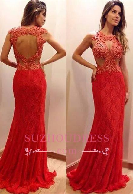 Lace-Appliques Newest Sweep-Train Mermaid Sleeveless Prom Dress