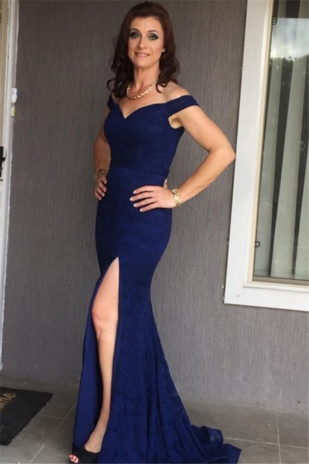 Simple Dark Navy Lace Off-the-Shoulder Evening Gowns  Mermaid Side Slit Prom Dresses